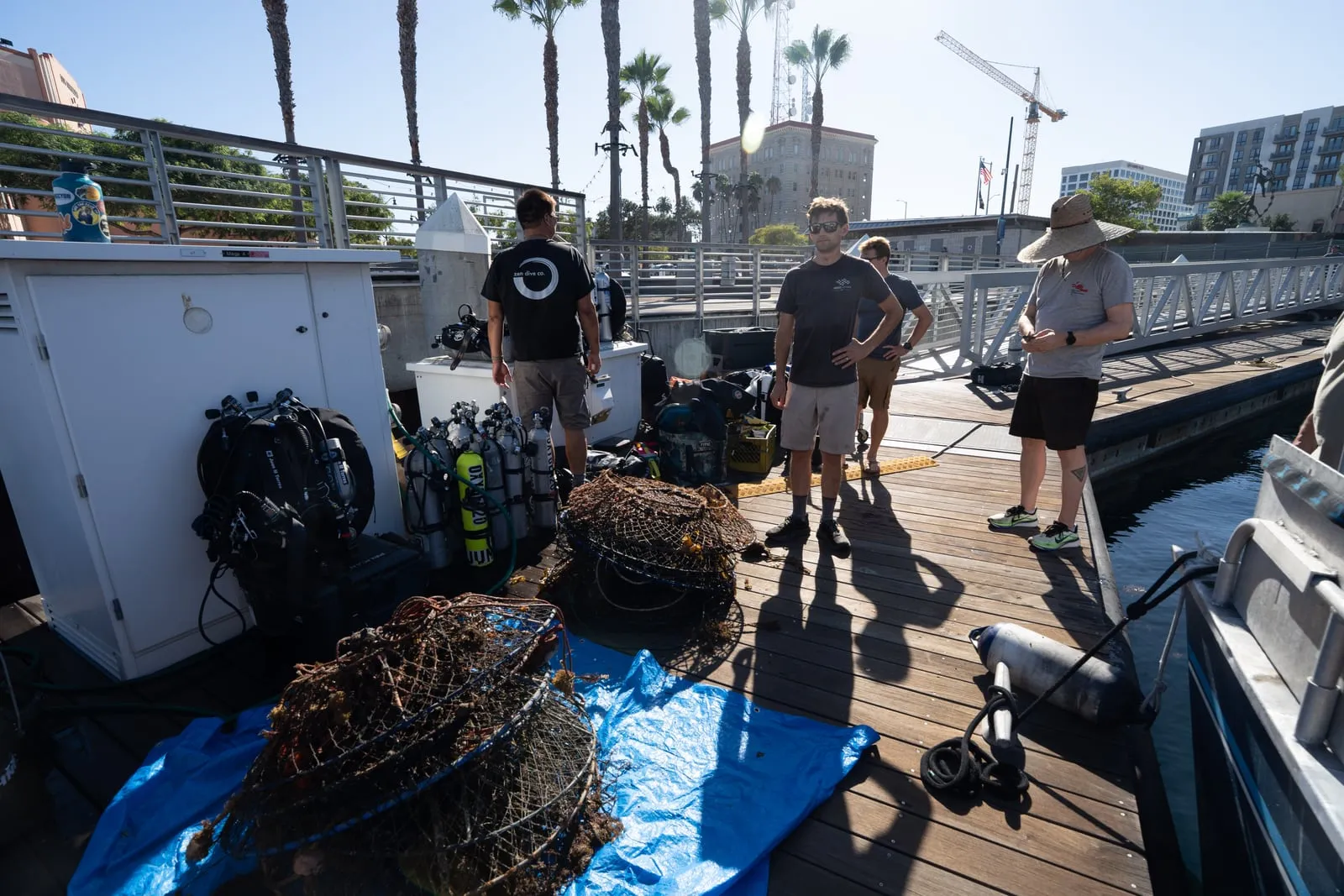 Eighteen hoop nets on the dock at the end of the day.